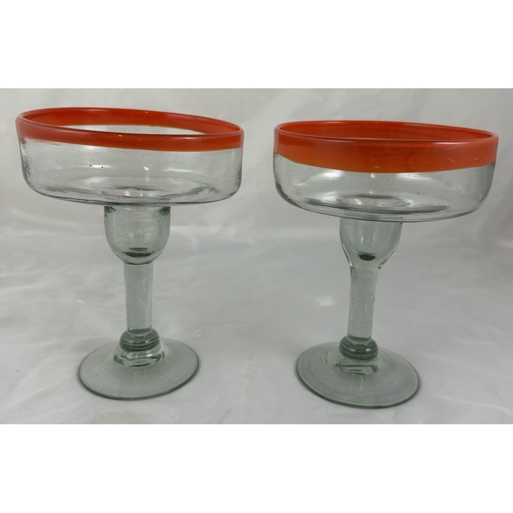 Mexican Margarita Glasses 6 5/8" Orange Rim Set Of 2 Hand Blown